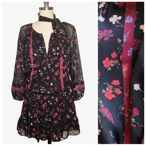 Joie Grover Caviar Dobonnet Black Red Pink Floral Mini Silk Tiered Dress S